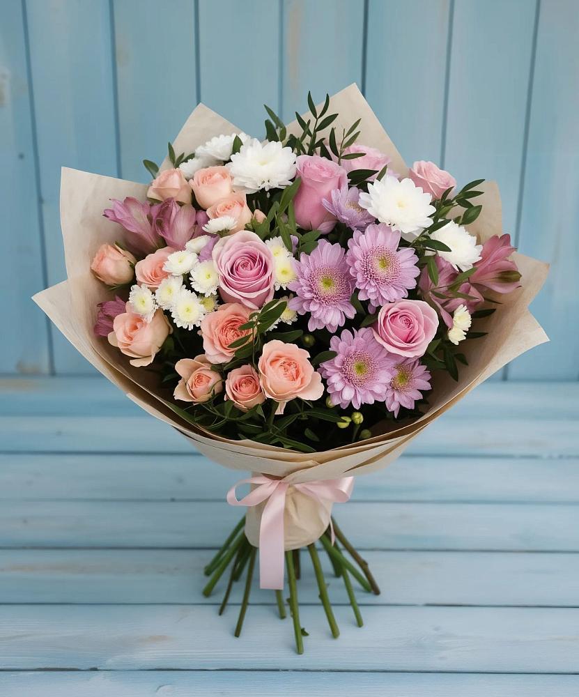 Букет цветов из: Хризантемы, Розы и Альстромерии в Куйбышеве