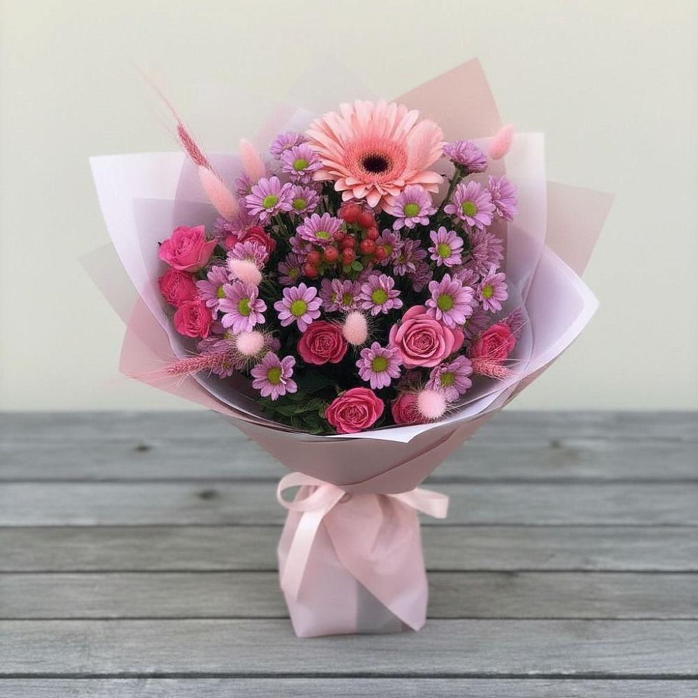 Букет цветов из: Розы, Герберы и Хризантемы в Куйбышеве