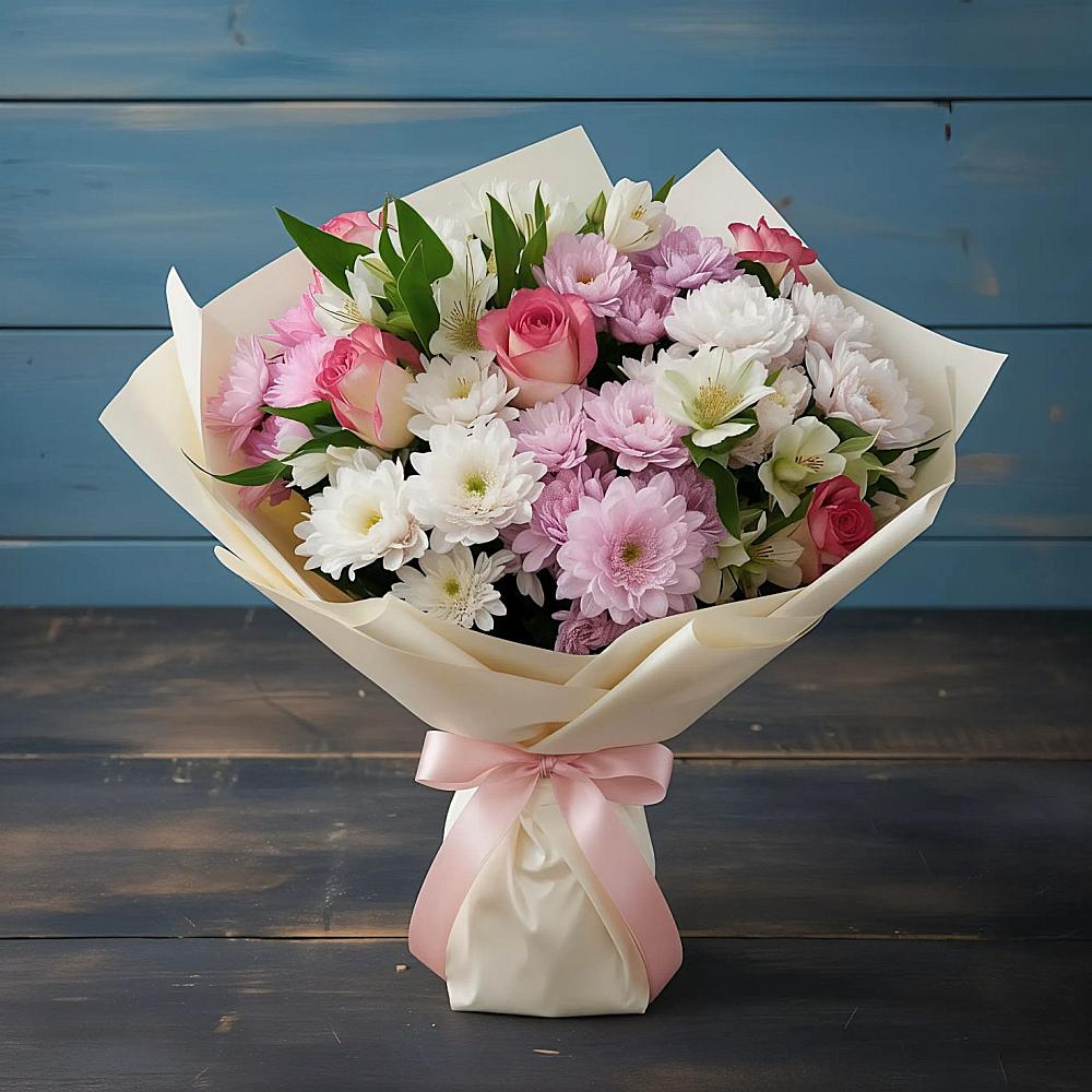 Букет цветов из: Хризантемы, Альстромерии и Розы в Куйбышеве